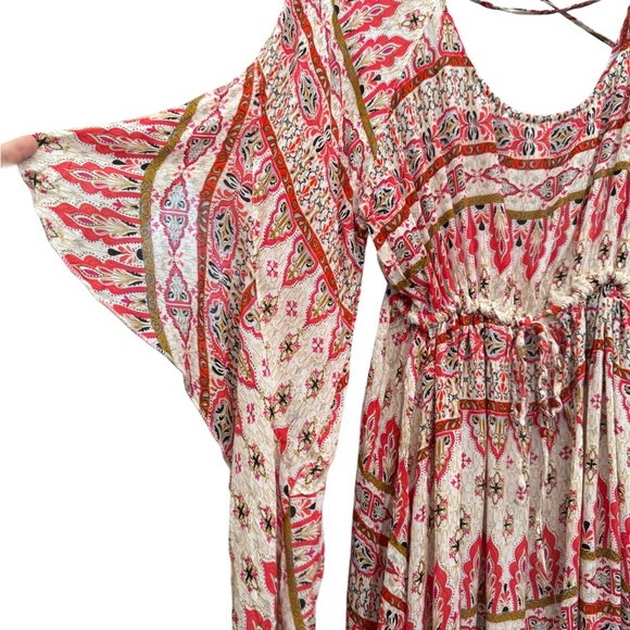 Rebellion Red and Cream Paisley Boho Asymmetrical Bell Sleeve Dress 100% Rayon - Picture 2 of 16